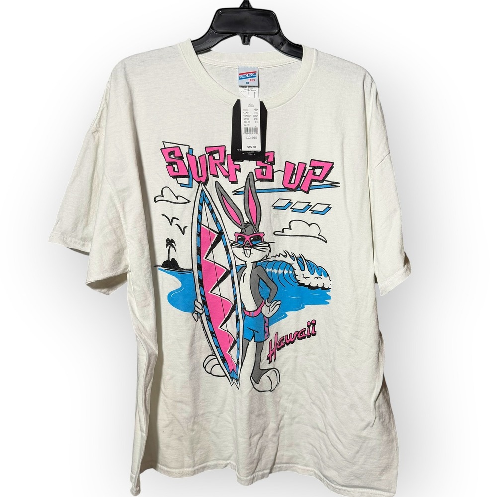 Junk‎ Food Tees Bugs Bunny Surf's Up Hawaii Graphic T-Shirt White XL NWT